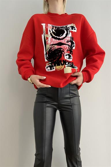 BİSİKLET YAKA ÖNÜ BASKILI OVERSİZE SWEAT