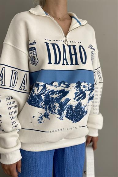 FERMUAR DETAY BASKILI SWEATSHIRT