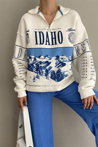 FERMUAR DETAY BASKILI SWEATSHIRT