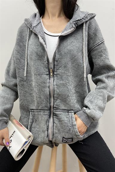 FERMUARLI YIKAMALI KAPŞONLU SWEATSHIRT
