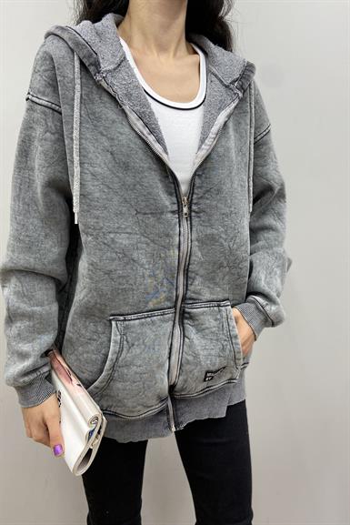 FERMUARLI YIKAMALI KAPŞONLU SWEATSHIRT