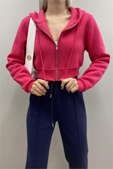 KAPŞONLU  FERMUARLI CROP SWETSHIRT