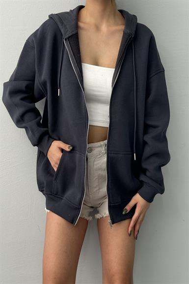 KAPŞONLU FERMUARLI OVERSİZE SWEATSHIRT