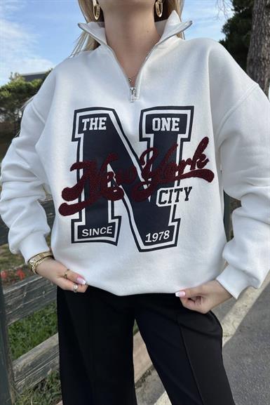 NEWYORK BASKILI YARIM FERMUARLI SWEATSHIRT