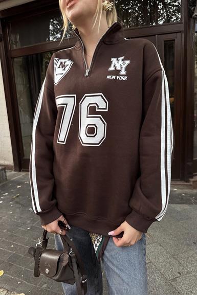 NY 76 NAKIŞ DETAYLI YARIM FERMUARLI SWEATSHIRT