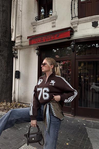 NY 76 NAKIŞ DETAYLI YARIM FERMUARLI SWEATSHIRT