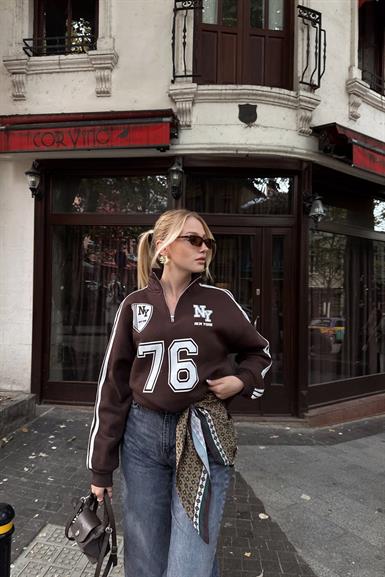 NY 76 NAKIŞ DETAYLI YARIM FERMUARLI SWEATSHIRT