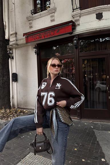 NY 76 NAKIŞ DETAYLI YARIM FERMUARLI SWEATSHIRT