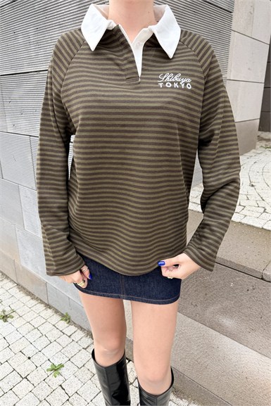 POLO YAKA ÇİZGİ VE NAKIŞ DETAY SWEAT