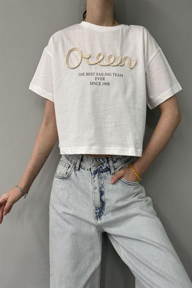 BASKI VE NAKIŞ DETAY CROP TSHIRT