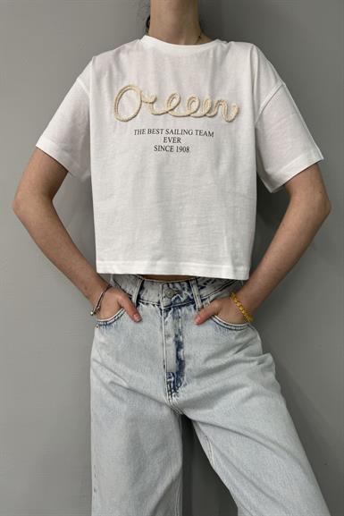 BASKI VE NAKIŞ DETAY CROP TSHIRT