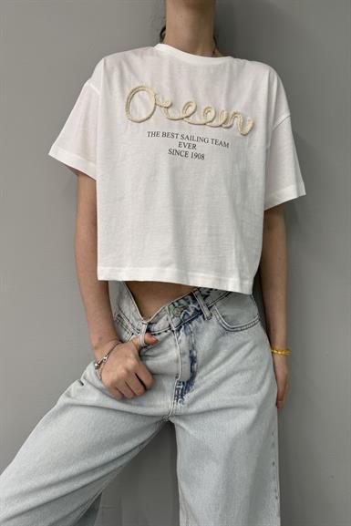 BASKI VE NAKIŞ DETAY CROP TSHIRT