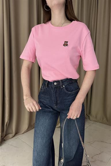 BİSİKLET YAKA AYICIK NAKIŞLI TSHIRT