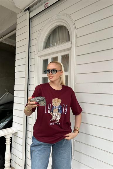 BİSİKLET YAKA AYICIK NAKIŞLI TSHIRT