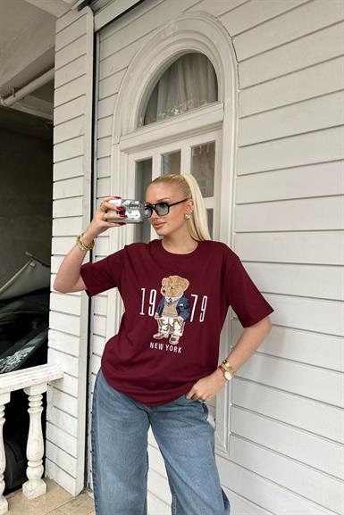 BİSİKLET YAKA AYICIK NAKIŞLI TSHIRT