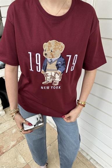 BİSİKLET YAKA AYICIK NAKIŞLI TSHIRT