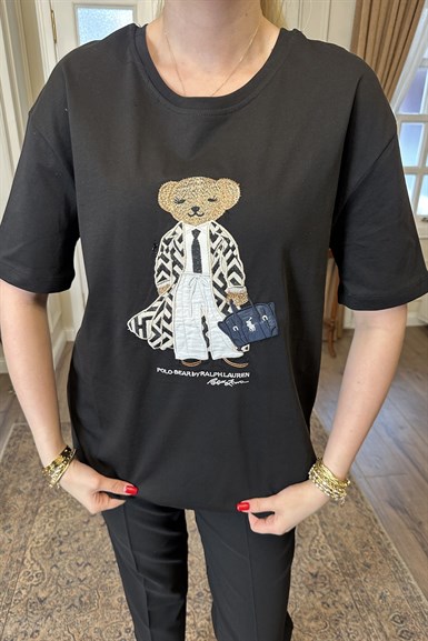 BİSİKLET YAKA AYICIK NAKIŞLI TSHIRT