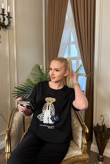 BİSİKLET YAKA AYICIK NAKIŞLI TSHIRT