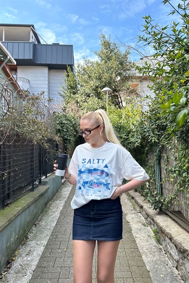BİSİKLET YAKA BASKI DETAY OVERSİZE TSHIRT