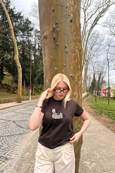 BİSİKLET YAKA NAKIŞ DETAY TSHIRT