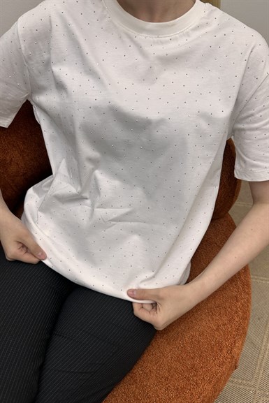 BİSİKLET YAKA TAŞ DETAY TSHIRT