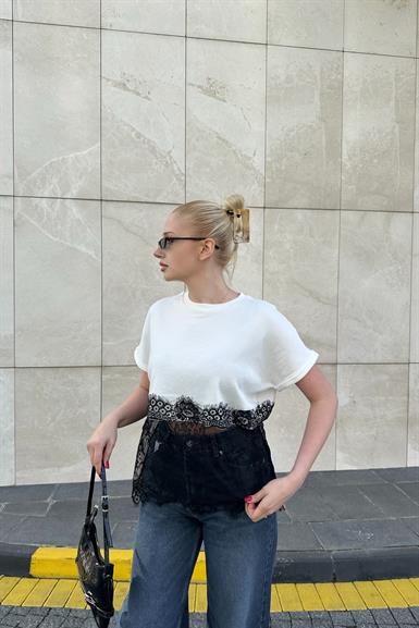 BİSKLET YAKA ALTI DANTEL DETAY TSHIRT