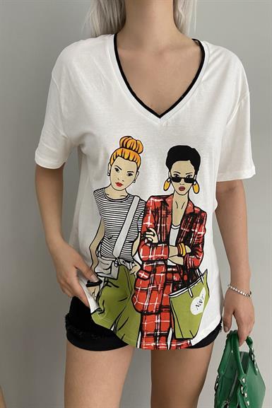KIZ BASKILI V YAKA TSHIRT