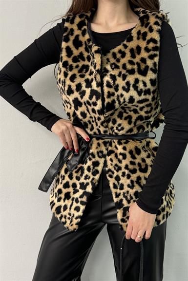 BELİ KUŞAKLI LEOPAR KÜRK YELEK