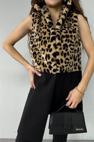 LEOPAR PELUŞ GARNİLİ KAŞE YELEK