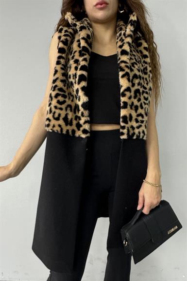 LEOPAR PELUŞ GARNİLİ KAŞE YELEK
