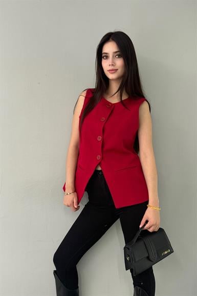 ÖNÜ DÜĞMELİ BELİ KUŞAK DETAYLI YELEK