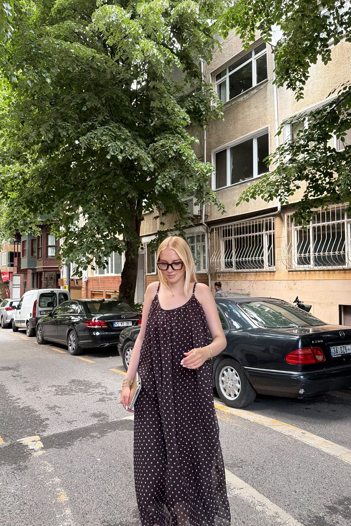 PUANTİYE DESEN ŞİFON ELBİSE