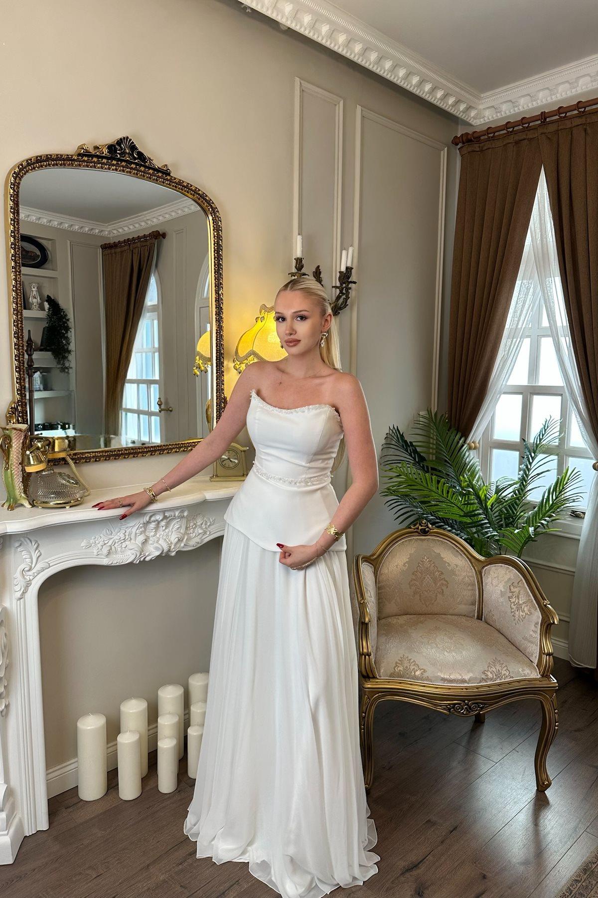 STRAPLEZ ELBİSE ETEĞİ ŞİFON ELBİSE