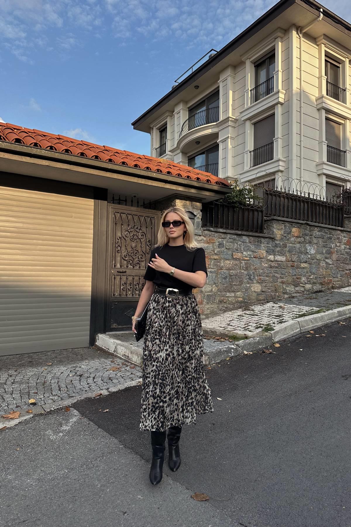LEOPAR DESEN KIRAŞLI LEMERLİ ETEK