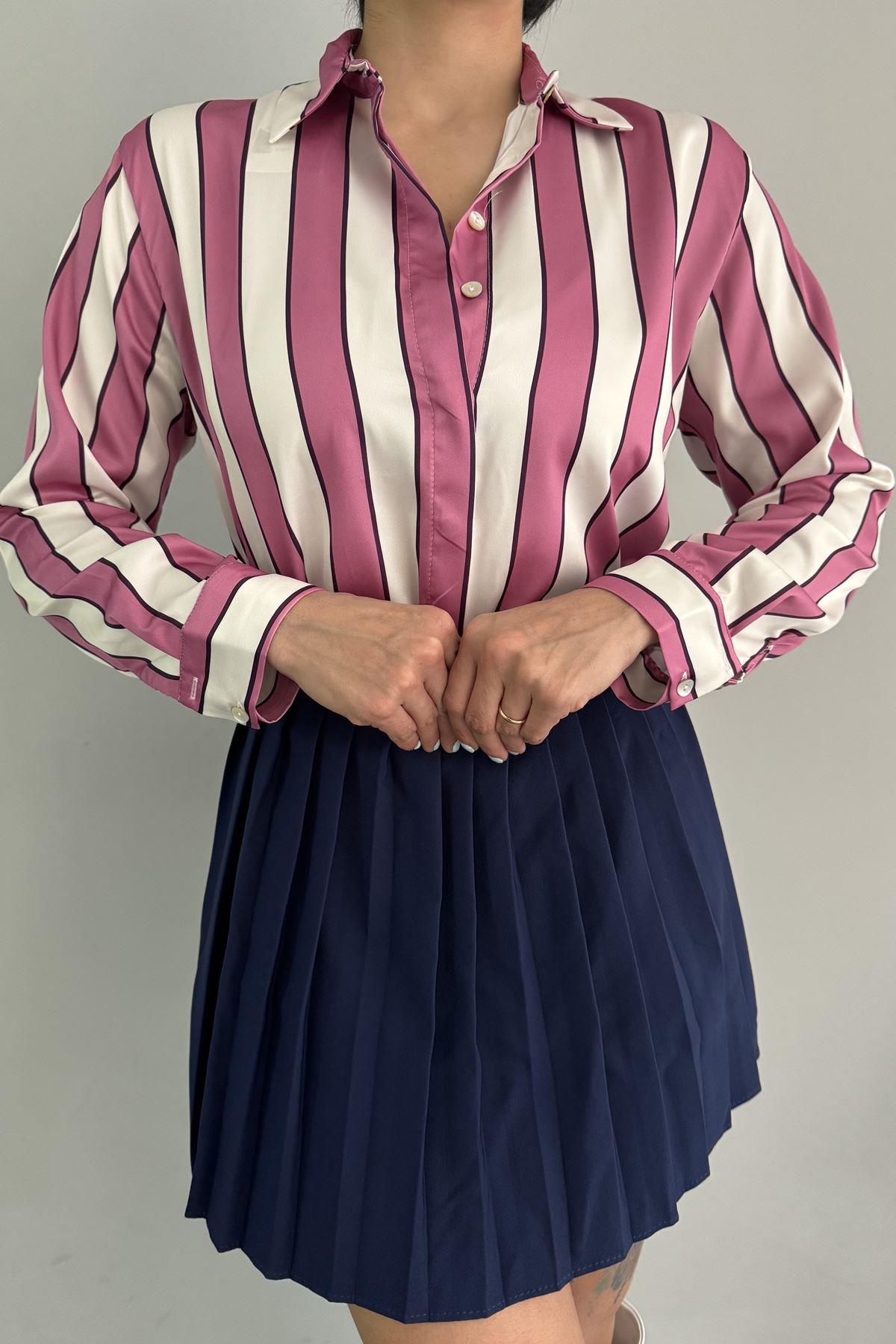 PEMBE ÇİZGİLİ SATEN ETEK