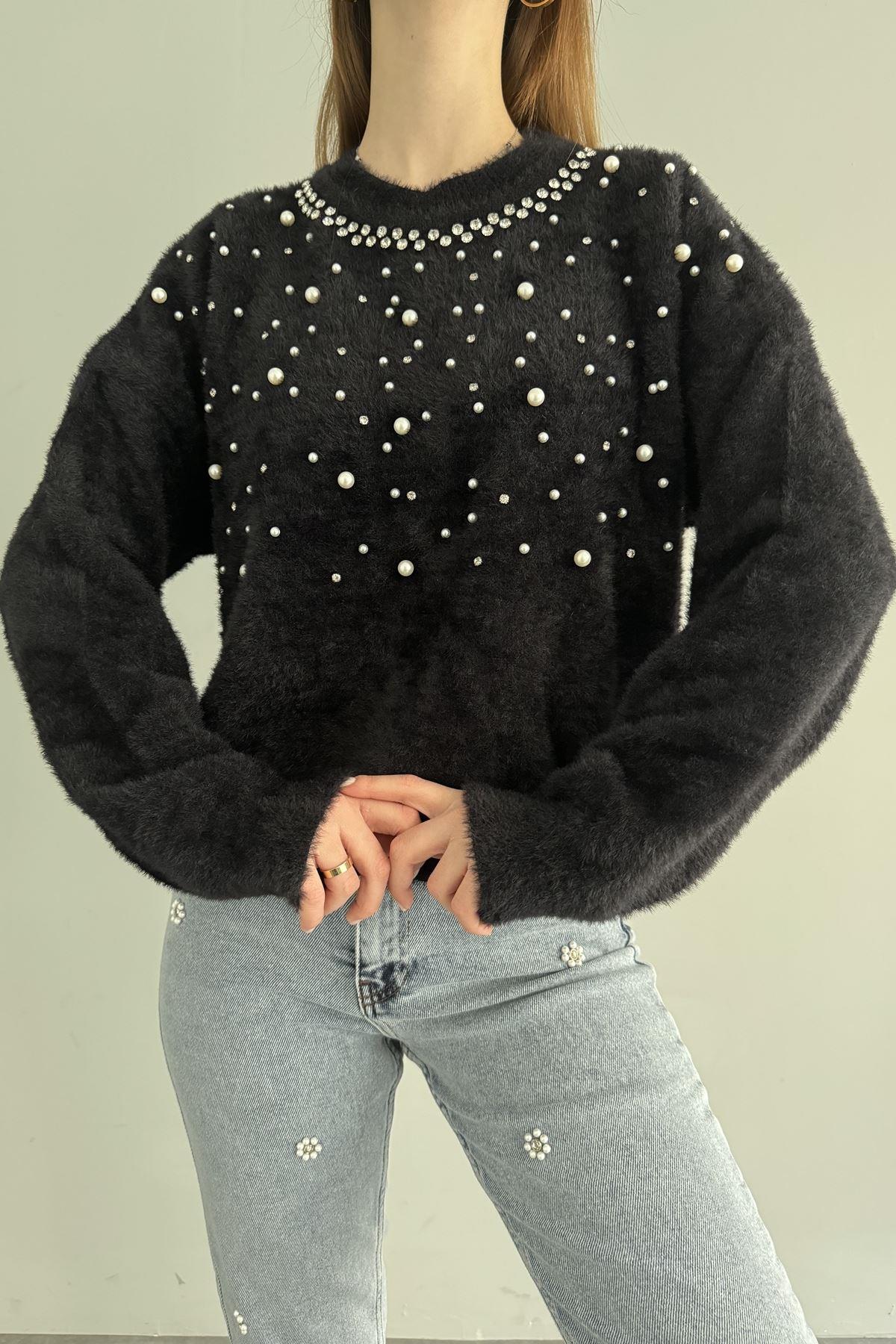ANGORA SERPME İNCİLİ YAKA TAŞLI TRIKO KAZAK