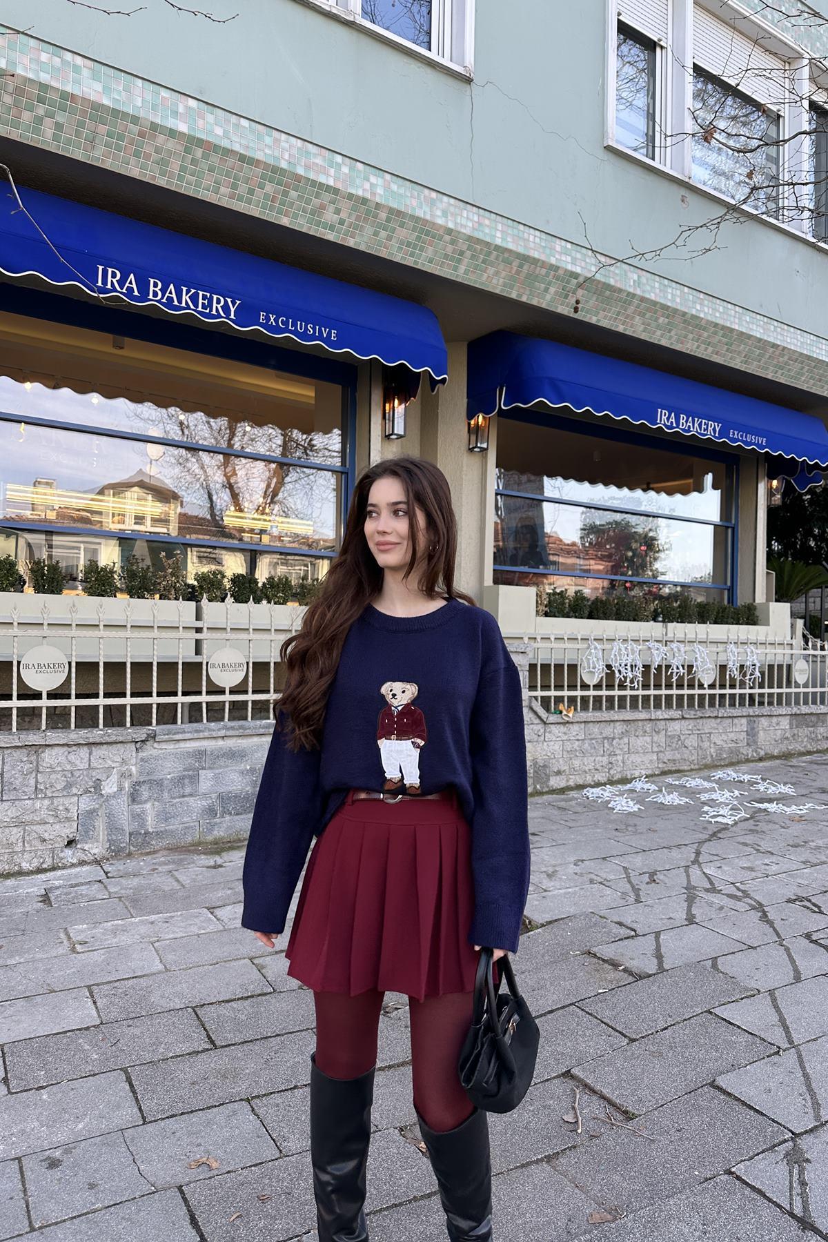 BİSİKLET YAKA AYICIK DESEN OVSİZE TRIKO KAZAK