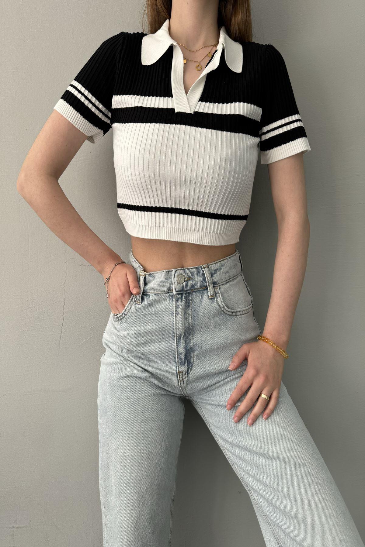 POLO YAKA ÇİZGİLİ CROP KISA KOL TRIKO