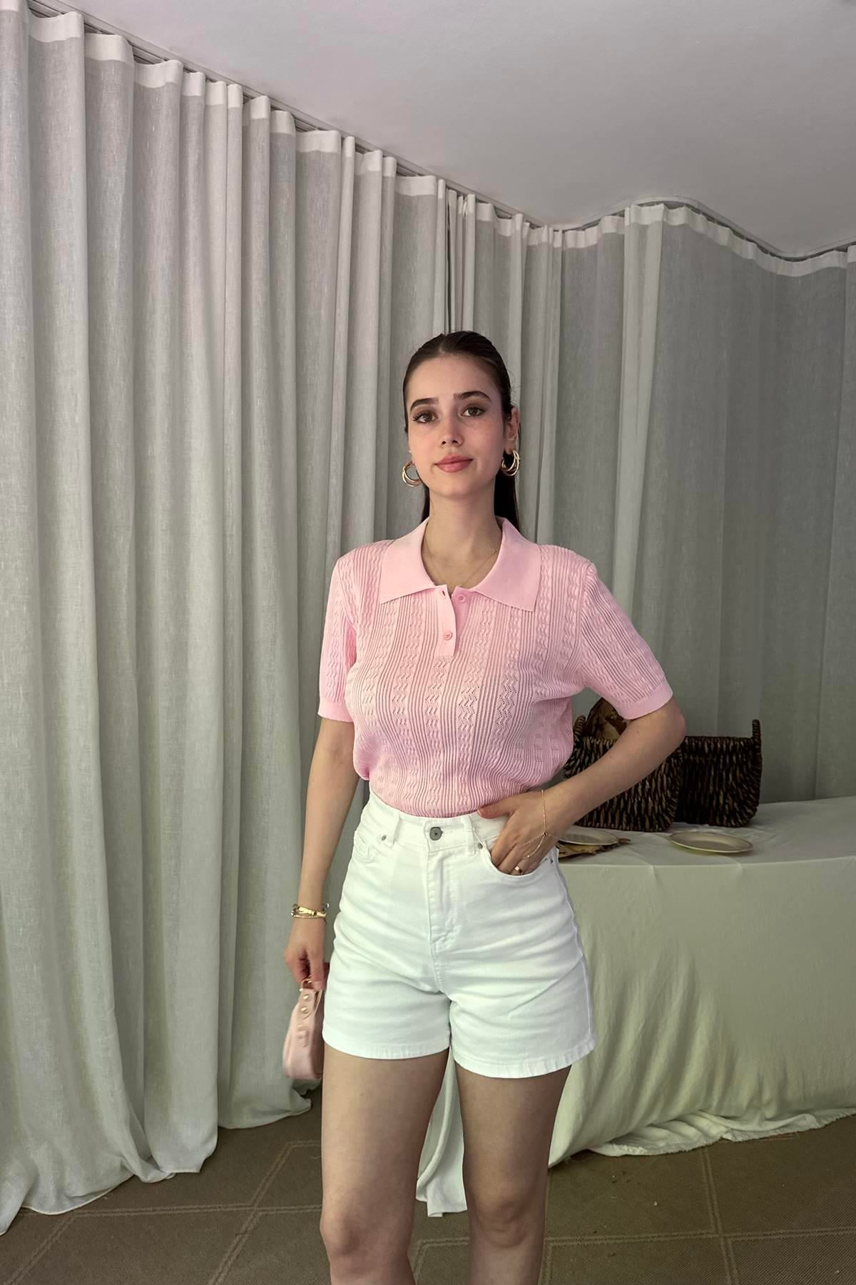POLO YAKA DÜĞMELİ AJURLU TRIKO BLUZ