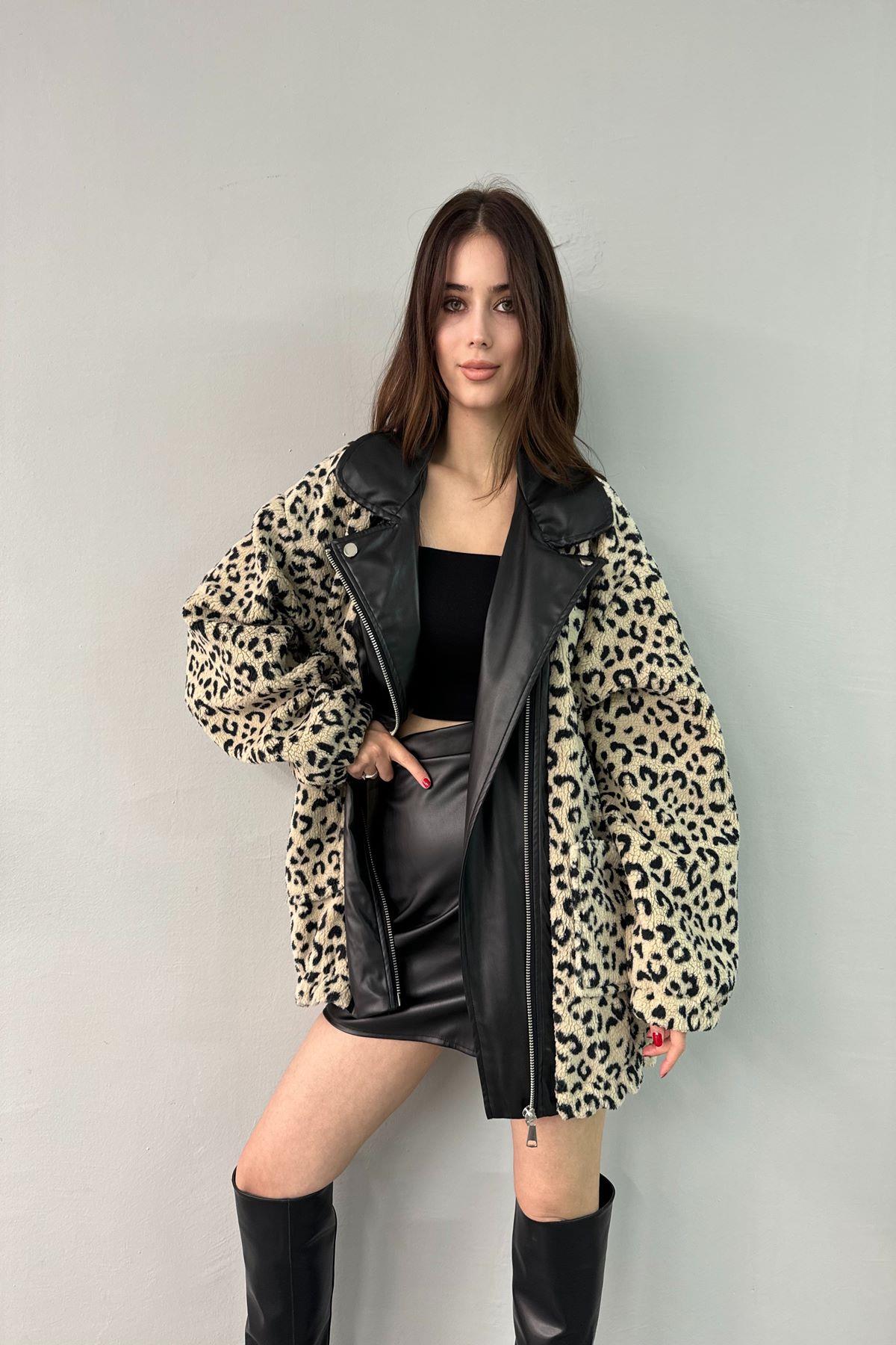 DERİ GARNİLİLEOPAR DESEN PELÜŞ MONT