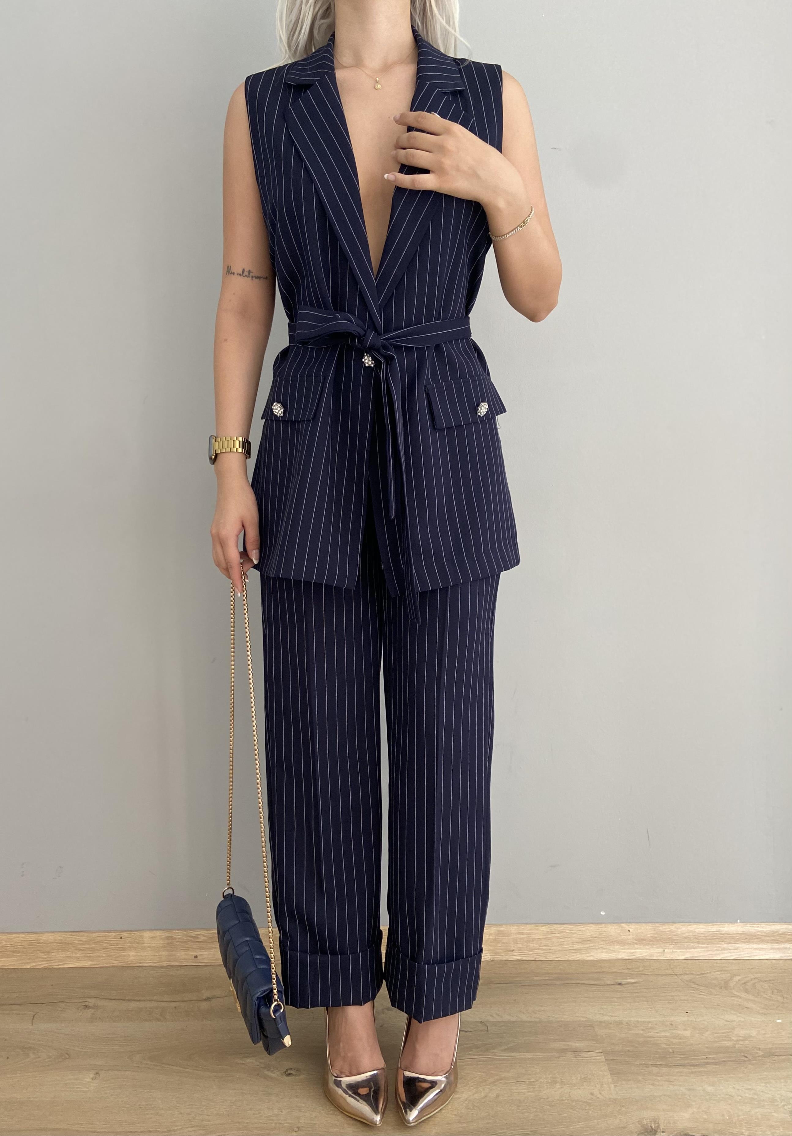 BEL LASTİKLİ DUBEL PAÇA ÇİZGİLİ PANTALON