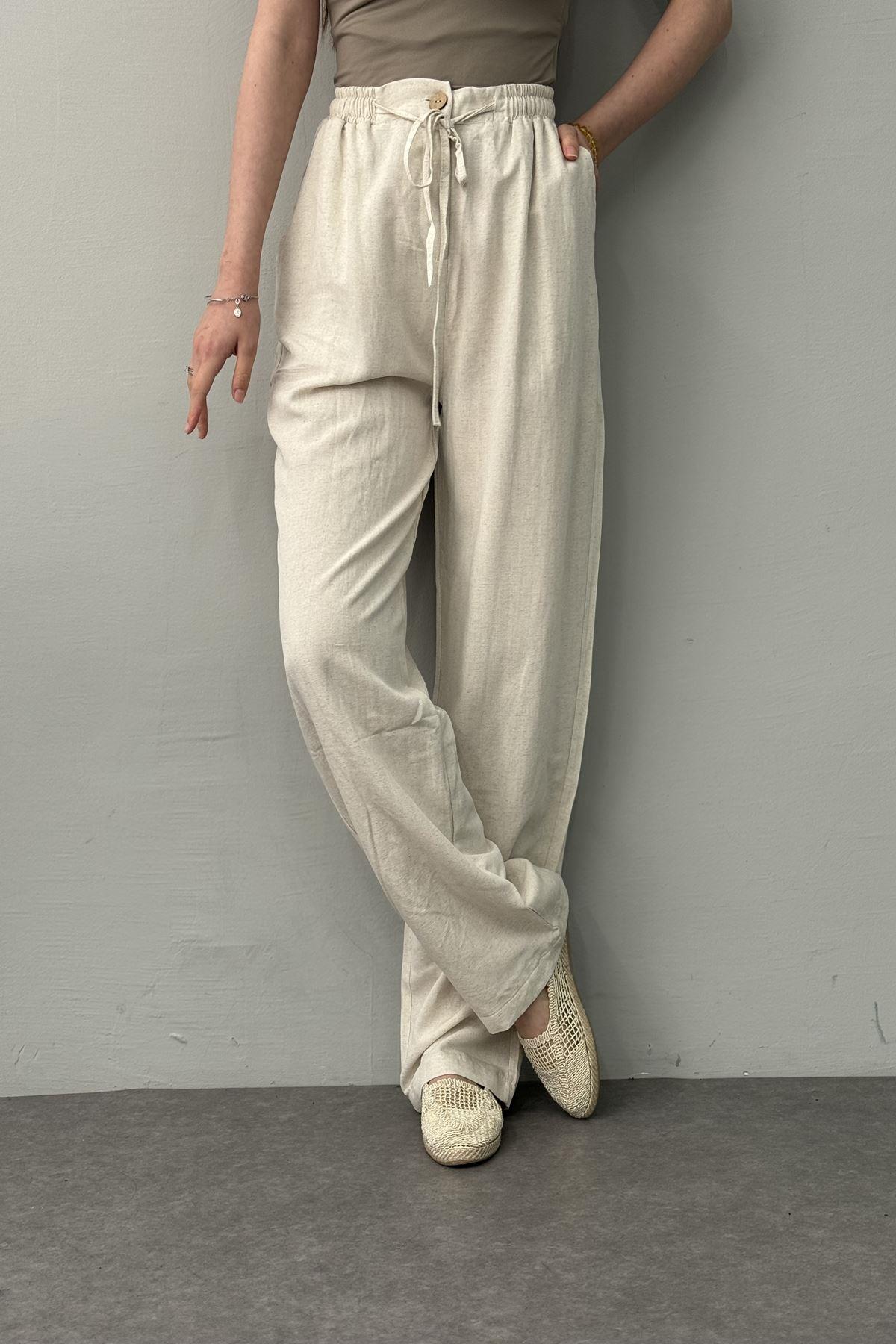 BEL LASTİKLİ KETEN PANTOLON