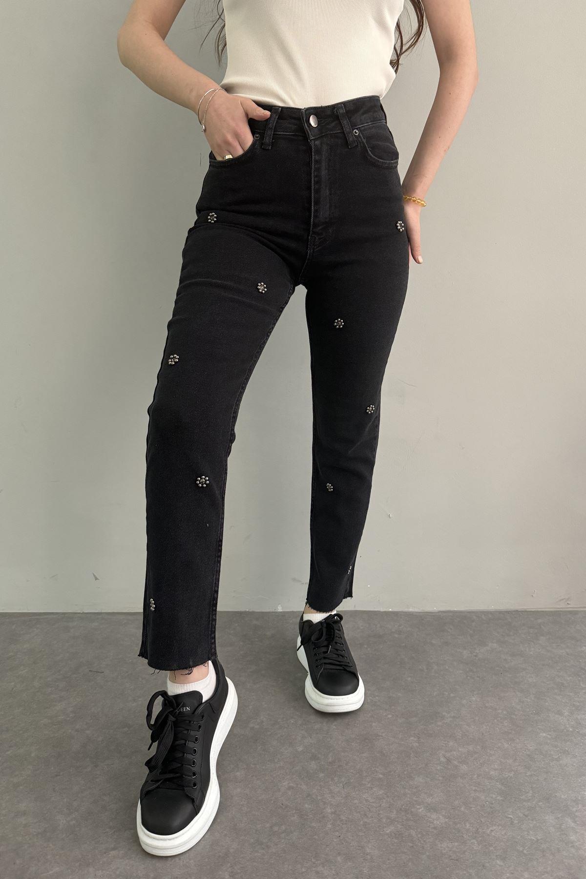 İNCİ TAŞLI ÇİÇEK DESEN MOM KOT PANTOLON