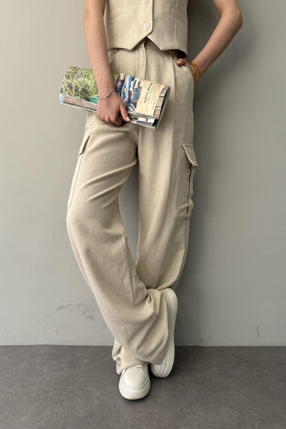 KARGO CEPLİ KETEN PANTOLON