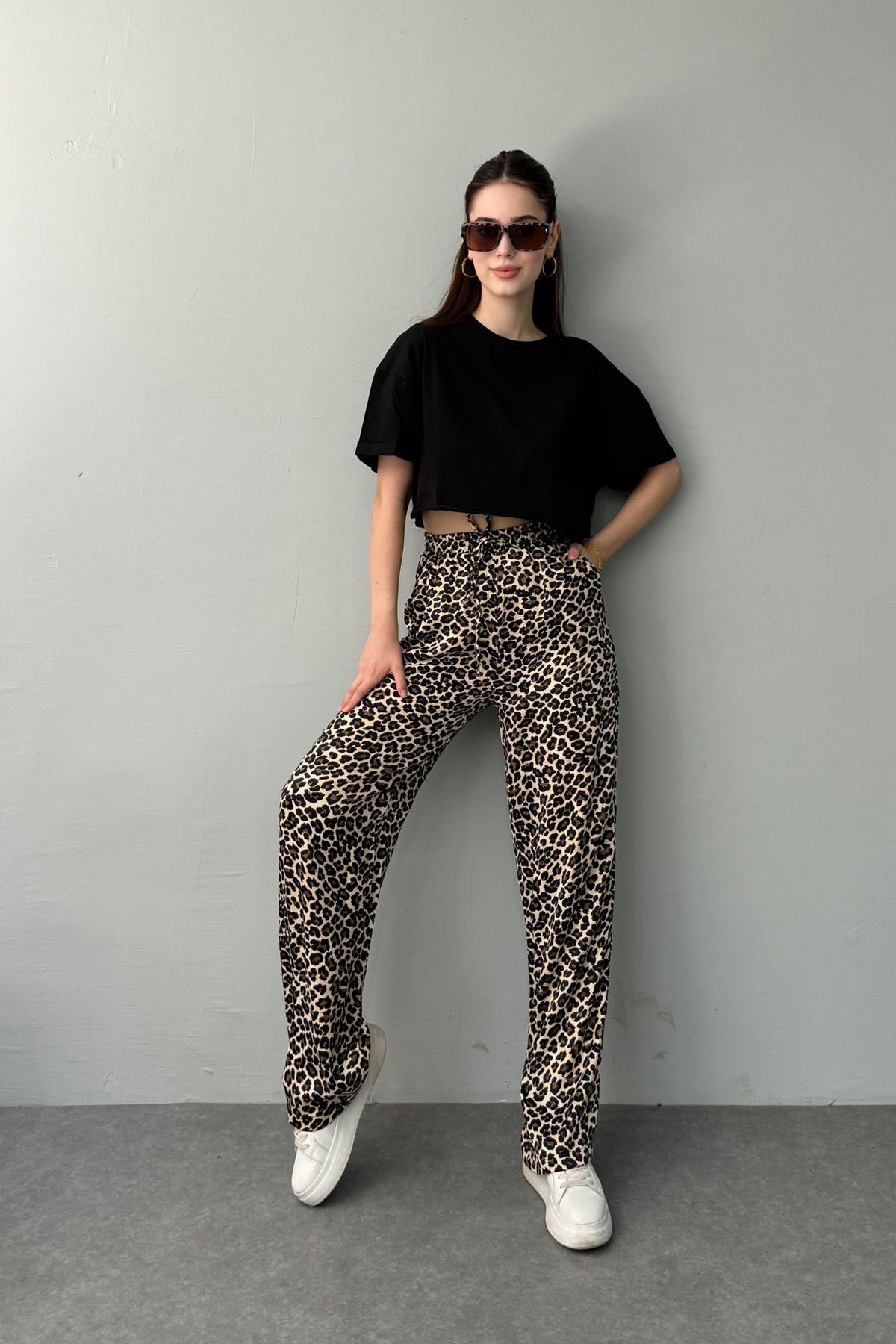 LEOPAR DESEN SATEN PANTOLON