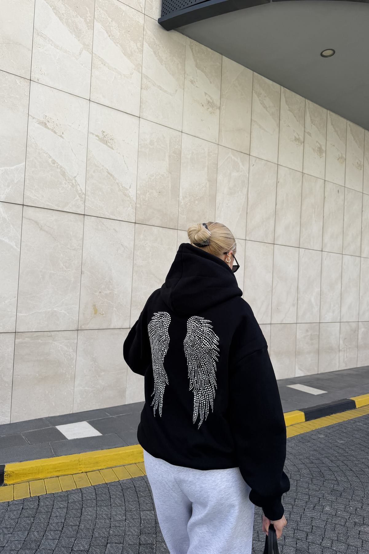 ANGEL TAŞ BASKI DETAY KAPŞONLU SWEATSHIRT