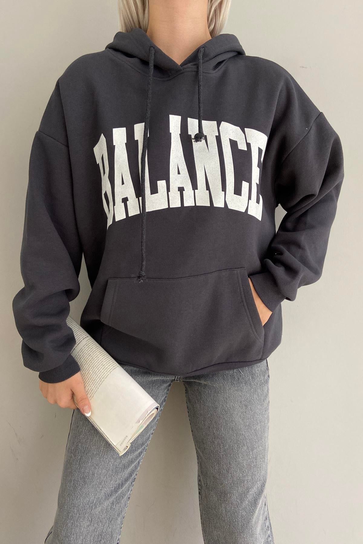 BASKI DETAYLI KAPŞONLU OVERSİZE SWEATSHIRT