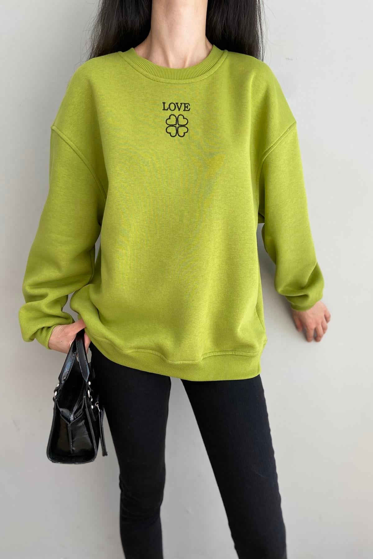 BİSİKLET YAKA BASKILI NAKIŞ DETAY SWEATSHIRT