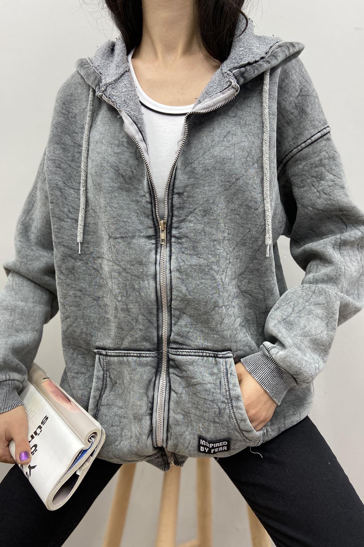 FERMUARLI YIKAMALI KAPŞONLU SWEATSHIRT