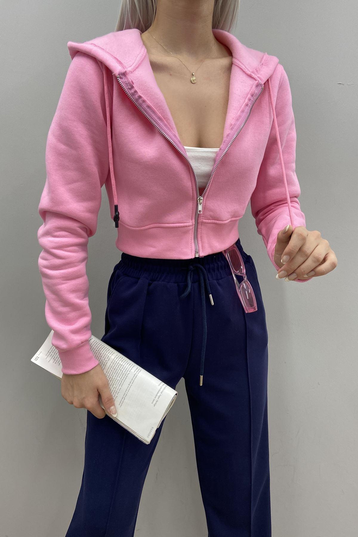KAPŞONLU CROP FERMUARLI SWETSHIRT
